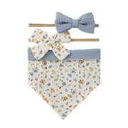 3Pcs/Set Muslin Cotton Baby Bib Newborn Bows Headband Triangle Print Saliva Towel Infant Boy Girl Feeding Burp Cloth Shower Gift Blue Set