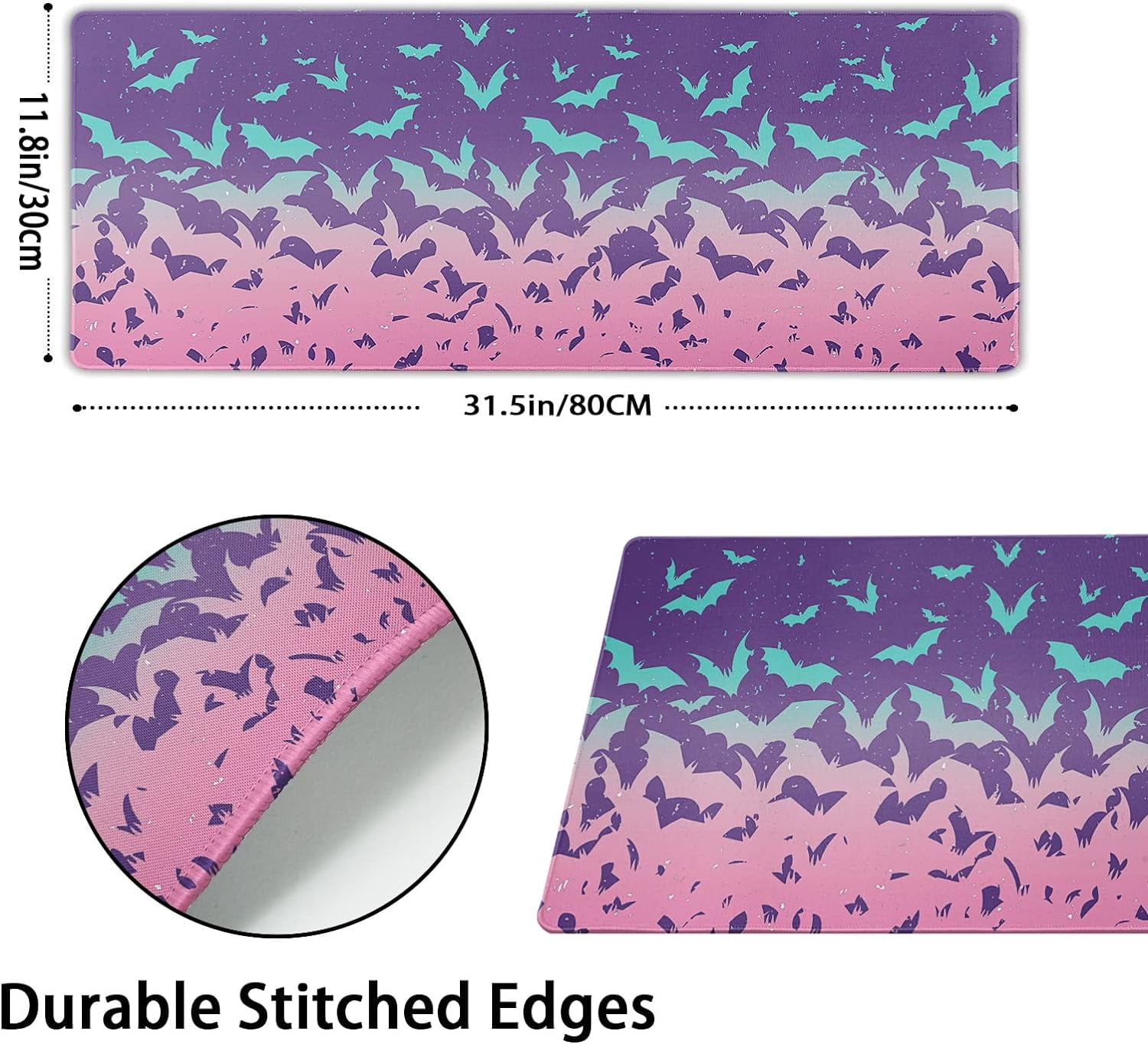 Pink Bats Gaming Mouse Pad XL Pastel Purple Witchcraft Extended Big Large Desk Mat Non-Slip Rubber Base Stitched Edge Long Keyboard Mousepad for PC Computer Laptop,31.5×11.8 in