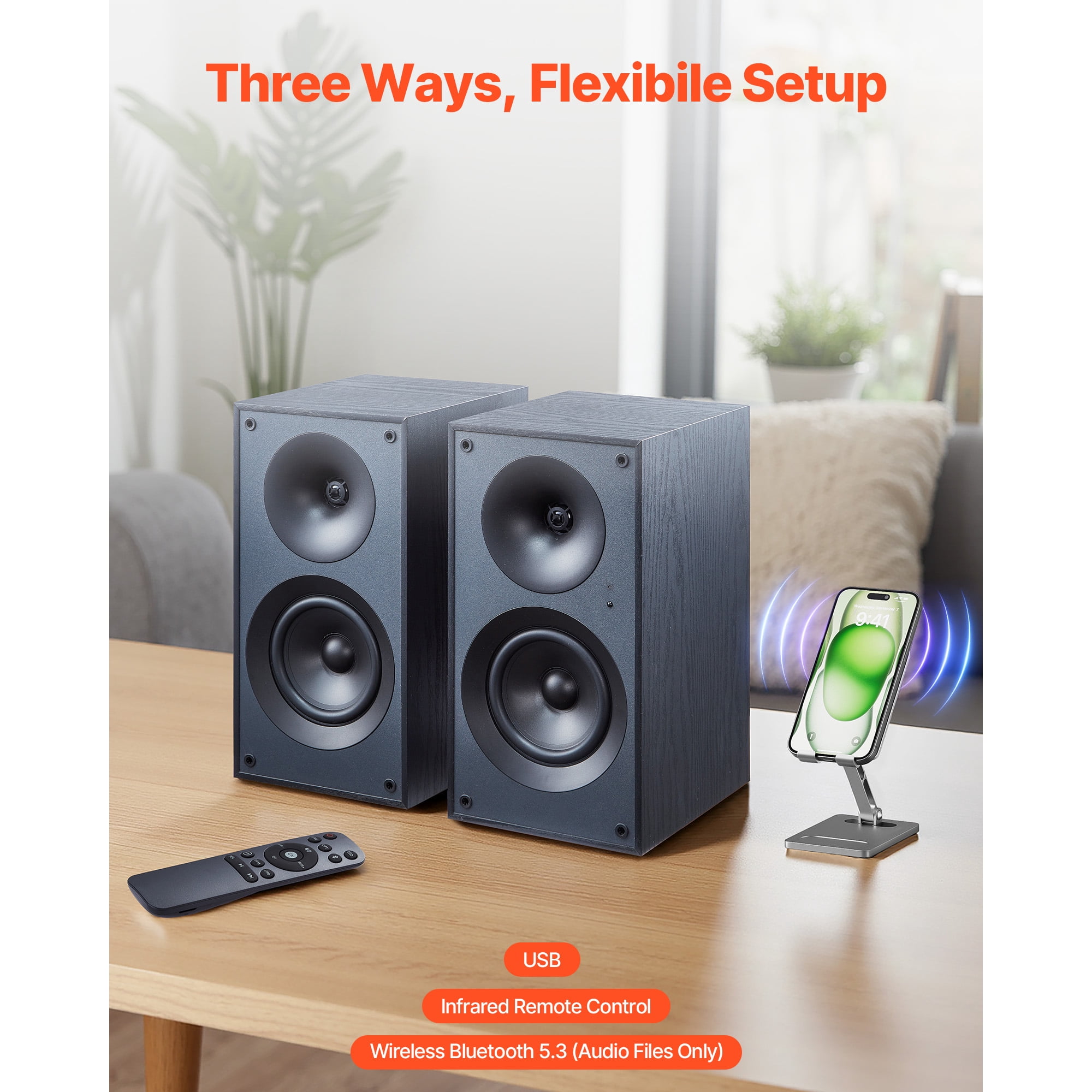 KFFKFF Powered Bookshelf Speakers, 25W x 2, Active Studio Monitor with 5.25-Inch Woofer, Bluetooth/RCA/Coaxial/Optical/USB/Subwoofer Support, Wooden Cabinet, Compatible with Turntables, PCs, and More