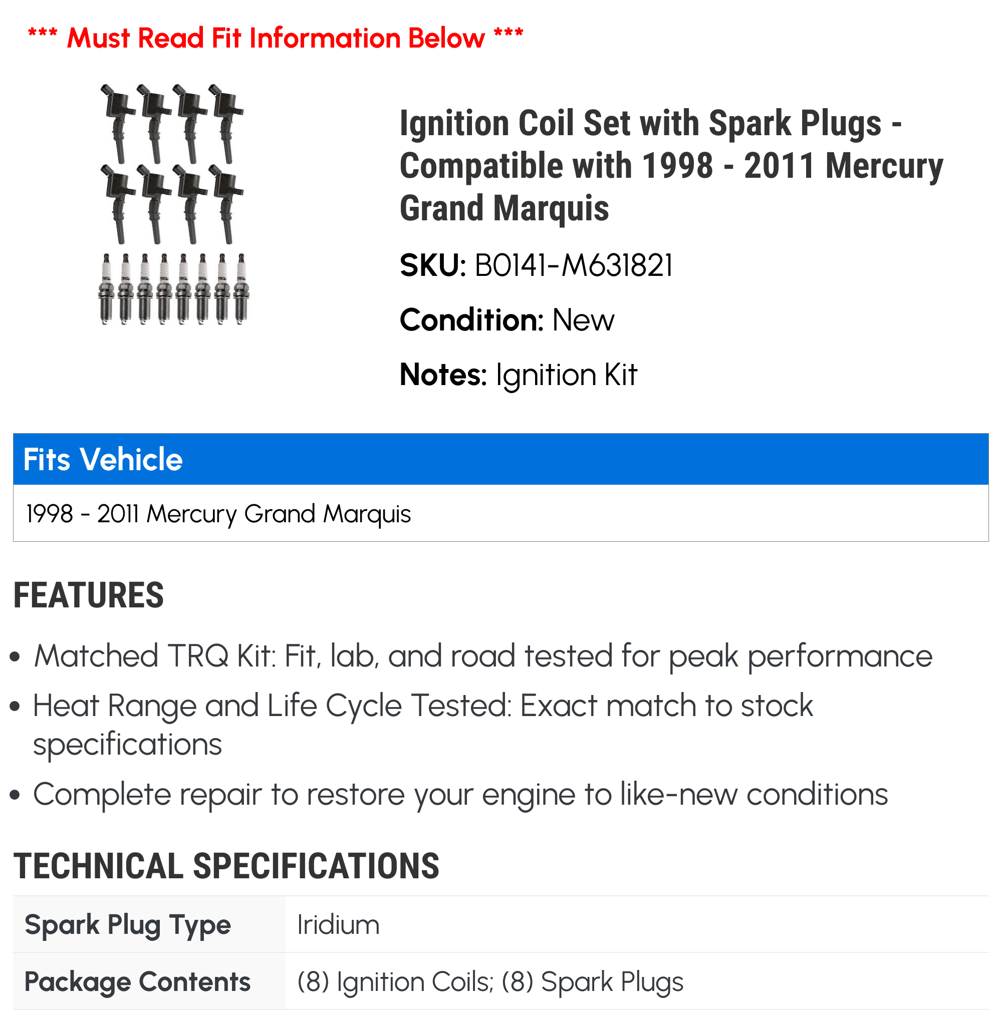 Ignition Coil Set with Spark Plugs - Compatible with 1998 - 2011 Mercury Grand Marquis 1999 2000 2001 2002 2003 2004 2005 2006 2007 2008 2009 2010