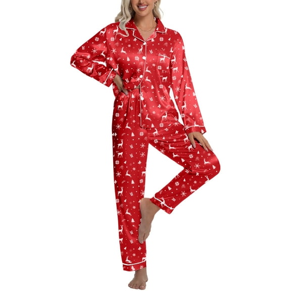 DAKIMOE Silk Satin Pajamas Set Womens Christmas Pajamas Long Sleepwear Button Down 2 Piece Classic Soft Loungewear Pjs Set
