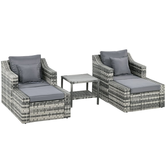Outsunny 5-Piece  Patio Furniture Set Outdoor Rattan Wicker Conversation Set with 2 Cushioned Chairs, 2 Ottomans and Coffee Table, Replacement Cushion Cover Included, Grey