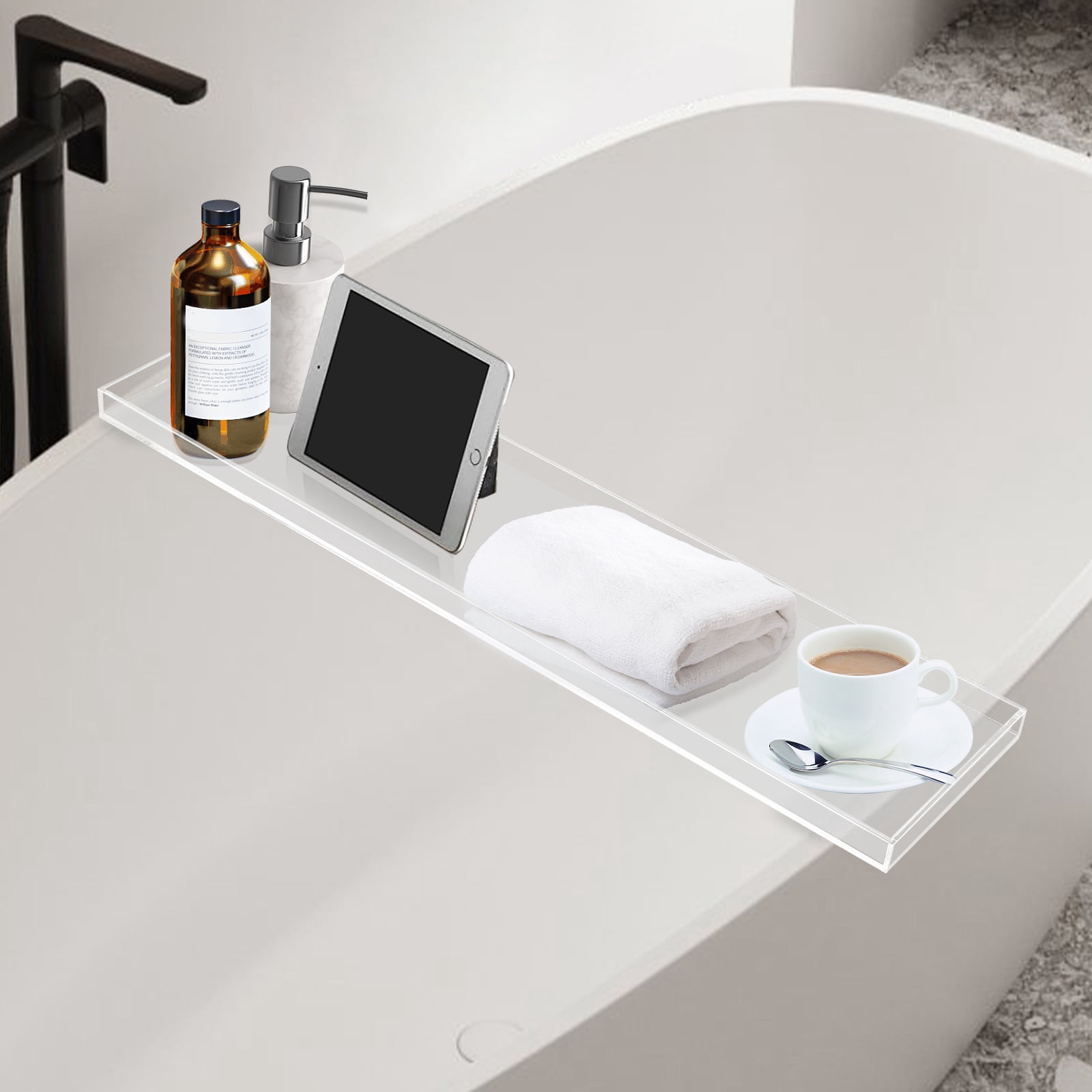 Bathtub Tray Caddy Acrylic Clear Bath Tray, Wine Glass Book Holder Bath Tub Table Caddy for Home Bathrooms Organizer Shelf Luxury Most Baths