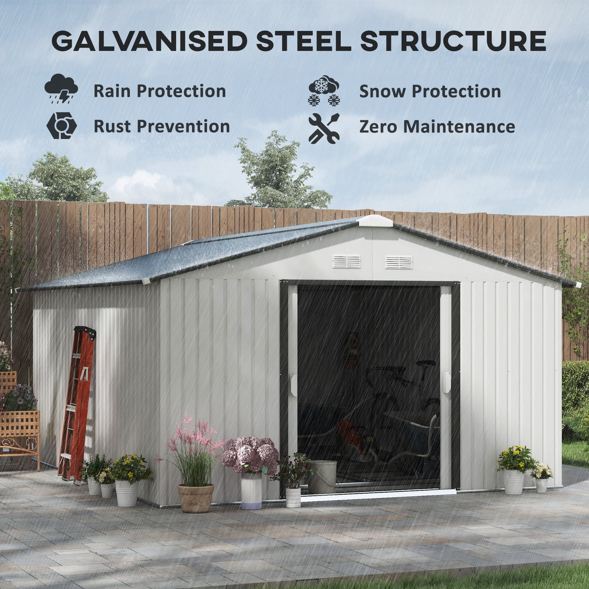 Outsunny 11' x 13' Metal Storage Shed Organizer, Garden Tool House with 4 Vents and 2 Sliding Doors for Backyard, Patio, Garage, Lawn, White