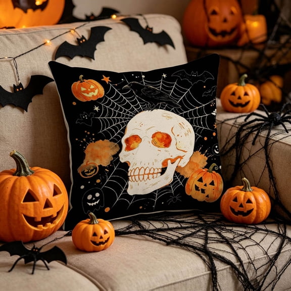Halloween Throw Pillow Covers 18x18 Inch, Rustic Linen Decorative Square Pillowcases, Farmhouse Holiday Cushion Covers for Couch Sofa Living Room Bedroom Outdoor Home Decor