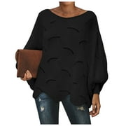 KAGETOLYTAI ELFINDEA Womens Fashion Sweaters for Women Plus Size Round Neck Top Hollow Crochet Loose Solid Color Long Sleeve Ruffle Knit Sweatshirts for Women Purple 1X