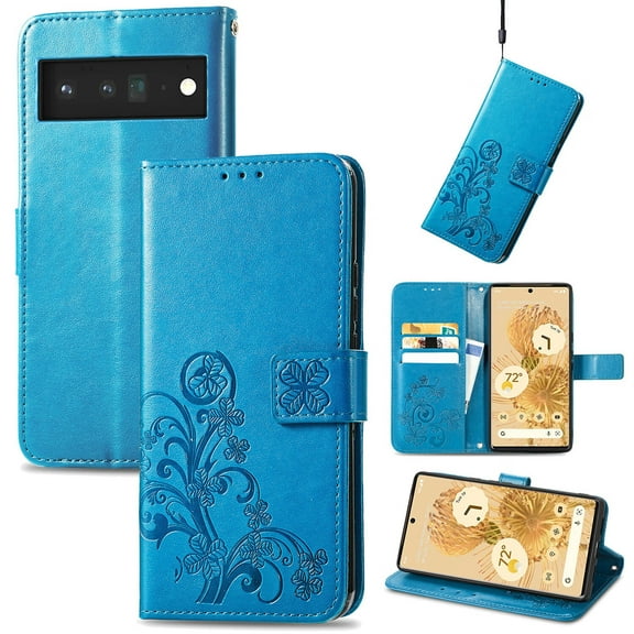 Luxury Wallet Case for Google Pixel 7 6.3" 2022, PU Leather Case Embossed Flower Detachable Lanyard Card Slots Flip Kickstand Magnetic Clasp 360° Protective Fashion Shell, Blue