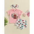 thumbnail image 3 of vera natura Toddler Girl Summer Outfit Letter Print Short Sleeve T-Shirts Tops and Shorts Headband 3Pcs Clothes Set, 3 of 8