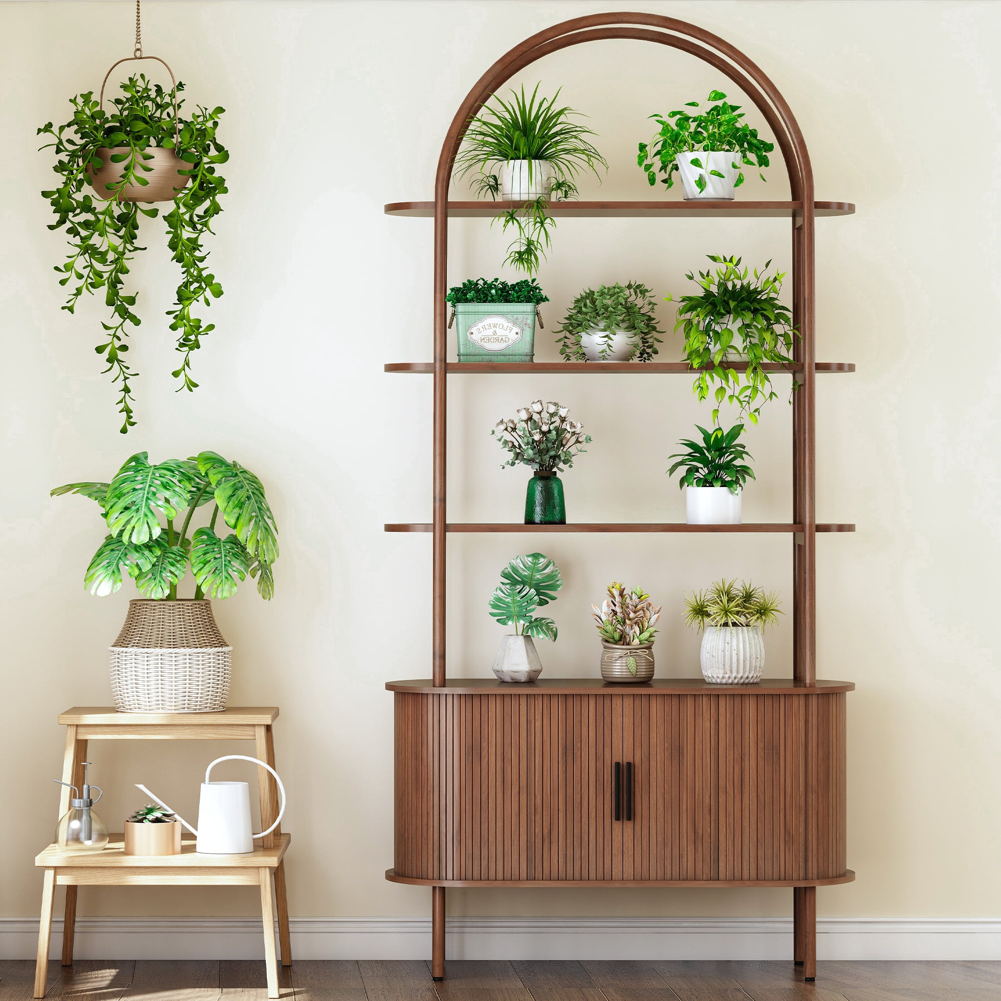 LEFHDA 79" Industrial Modern Arched Bookshelf with 4-Tier Open Shelf & Sliding Tambour Cabinet Storage, Mid-Century Curved Freestanding Bookcase for Living Room, Home Office (Walnut, 79 inch)