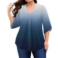 thumbnail image 5 of Abcomgle Plus Size Womens Tops Clearance 4x Plus Tops V Neck 3/4 Sleeve T Shirts Curvy Women Gradient Print Pleat Hem Casual Tshirt 4x Womens Plus Size Clothes M,Royal Blue, 5 of 5