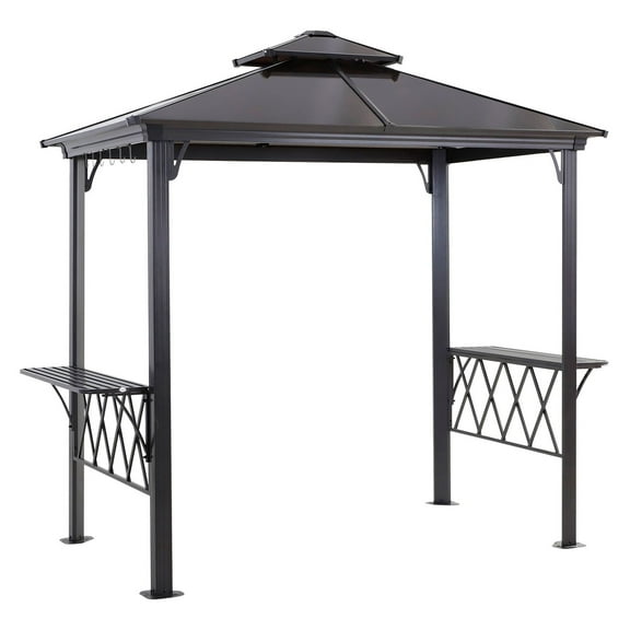 BBQ Gazebo Patio Canopy 8.9ft Hardtop Outdoor Grill Shelter with Shelves Hooks Black Coffee