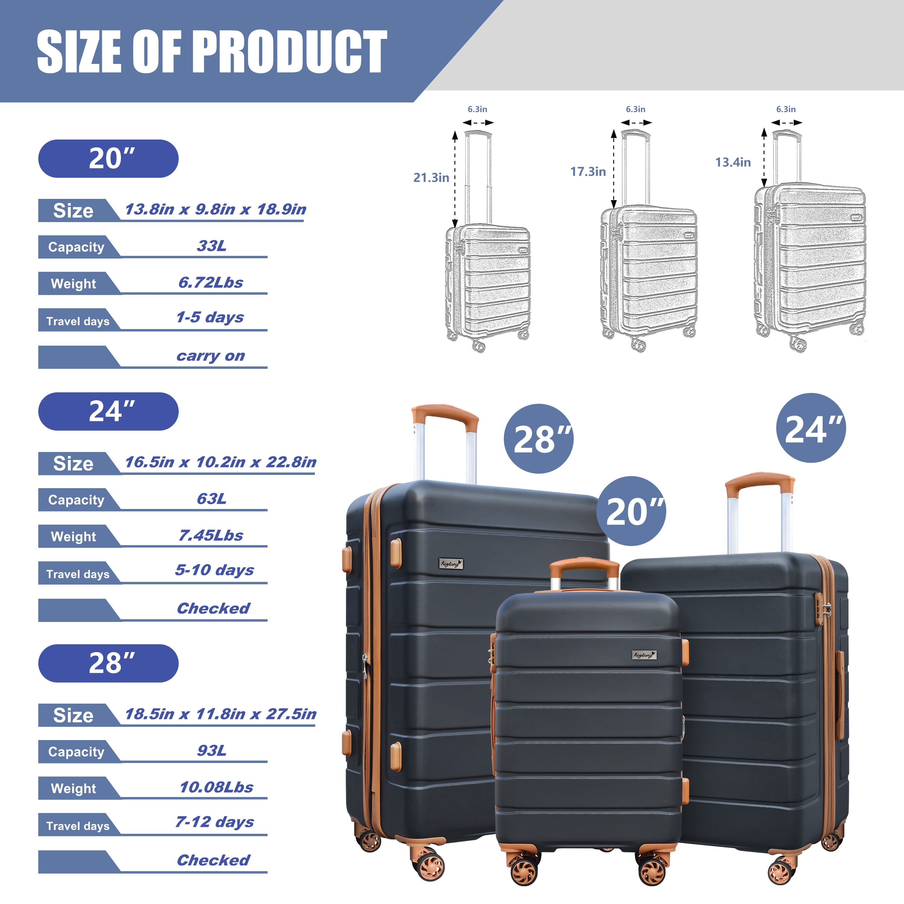 Keytang 3-Piece Hardside Expandable Spinner Wheels Luggage & Luggage Sets, Black & Brown