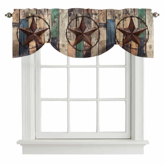 Tie Up Curtain Valances Country Star Farm Wood Grain,Rod Pocket Shade Valance Adjustable Curtains Farmhouse Western Texas Window Treatment for Kitchen Bathroom Living Room Windows,60x18in