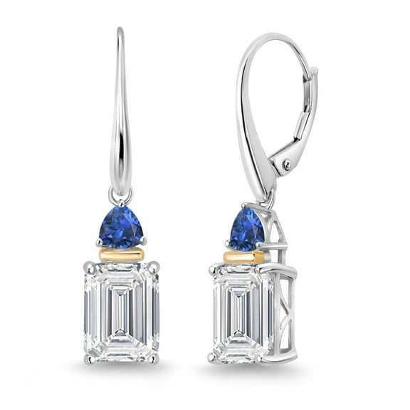 Gem Stone King 6.54 Cttw 925 Silver & 10K Yellow Gold IGI Certified FG/VS1-VS2 Lab Grown Diamond & Blue Created Sapphire Dangle Earrings for Women | Emerald Cut Diamonds Each 3 Ct