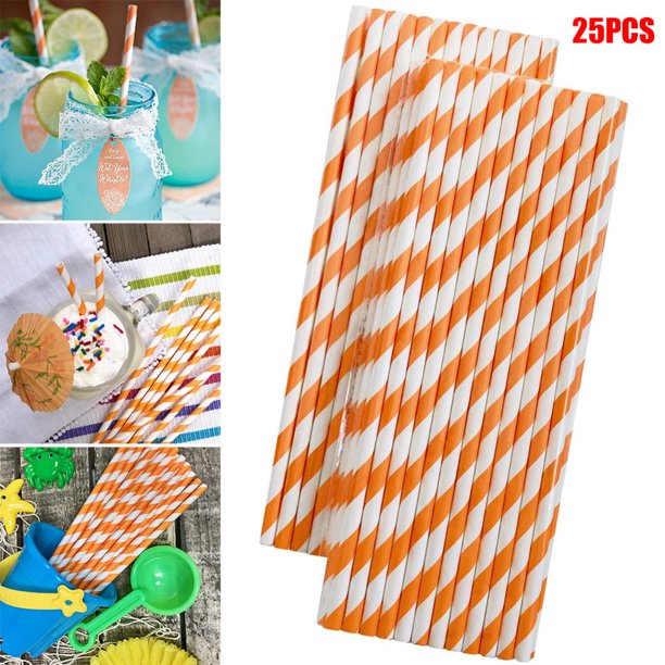 25pcs Striped Paper Straws Orange and White Eco Friendly Straws for