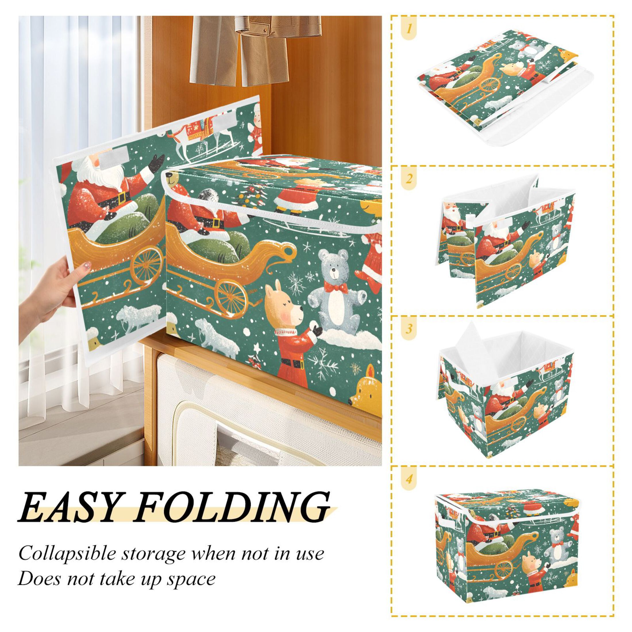 Cartoon Christmas Pictures Large Storage Bins with Linen Collapsible Lid Storage Box 16.7 x 12.6 x 11.8in