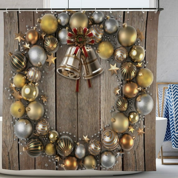 Christmas Shower Curtain Wreath Style Ornament with Baubles on Rustic Style Cloth Fabric Bathroom Decor Set with Hooks 72"x72"