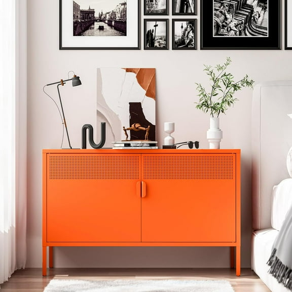 2 Door Accent Cabinet,Orange Metal Storage Cabinet with Adjustable Shelf,2-Tier Shelf,Multipurpose Metal Locker Storage for Office Home,Music Studio (Orange)