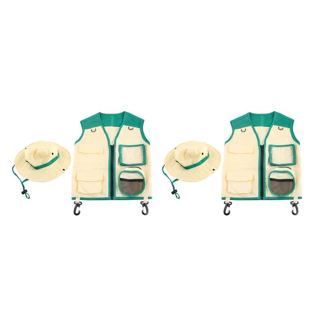 Vogacara Chaleco de explorador para niños, sombrero para acampar al aire libre, senderismo, trajes de aventura, traje de Cosplay con múltiples Verde 2piezas Vogacara CBP192134