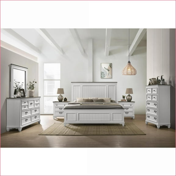Bedroom Furniture Set, 6-Piece King Modern Farmhouse Weathered White Solid Wood with Bed, Dresser, Mirror, Nightstands, Chest | Wood | Standard Beds