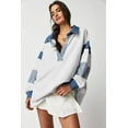 thumbnail image 2 of Dark Blue Striped Colorblock Patchwork Collar Sweatshirt, 2 of 11