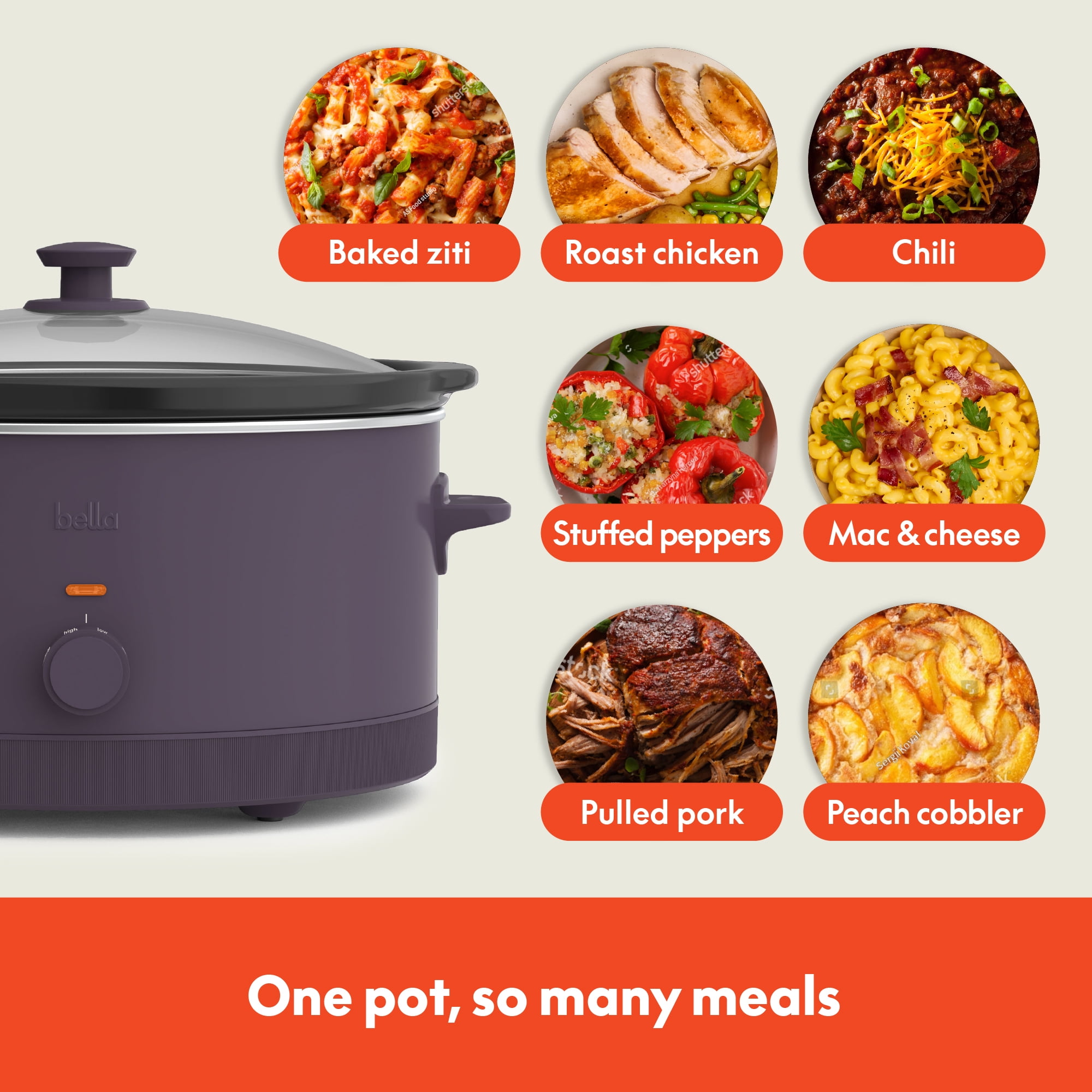 bella 6 Qt Manual Slow Cooker with 3 Temperature Settings, Ceramic Nonstick Coating, Dishwasher Safe Stoneware Pot & Tempered Glass Lid, Plum