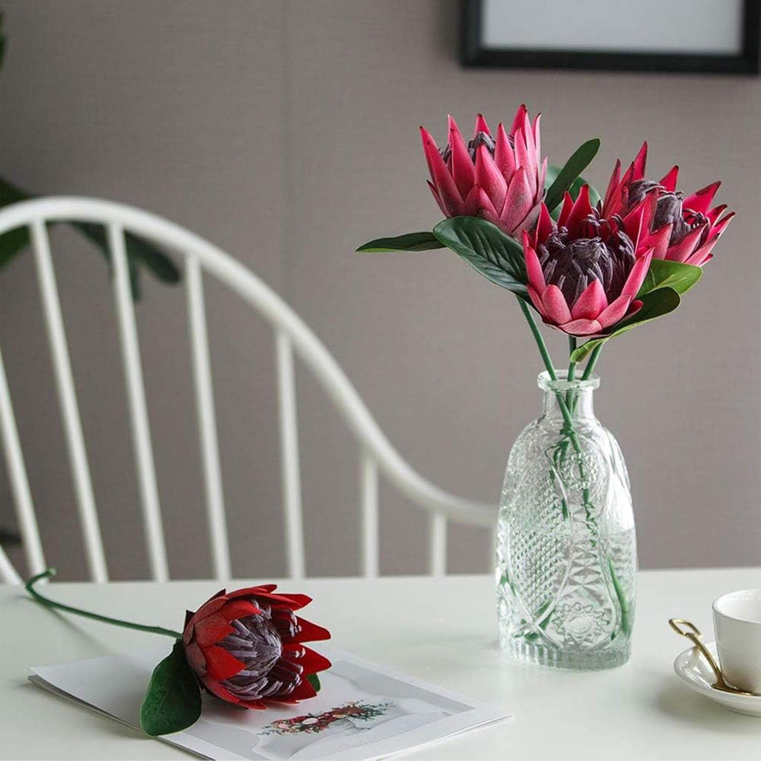 Artificial Flowers Fake Protea Cynaroides:Faux Protea Flower Arrangements,Silk Flowers for Home Decor Indoor Wedding Table Centerpieces,3pcs (Rose red)