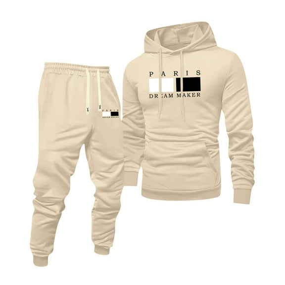 Hogleaql Mens Hoodie Sweatsuit 2 Piece Solid Color Sweat Hoodie Jogging Sport Pants Set Fleece Fall Winter Suits with Pockets Beige M