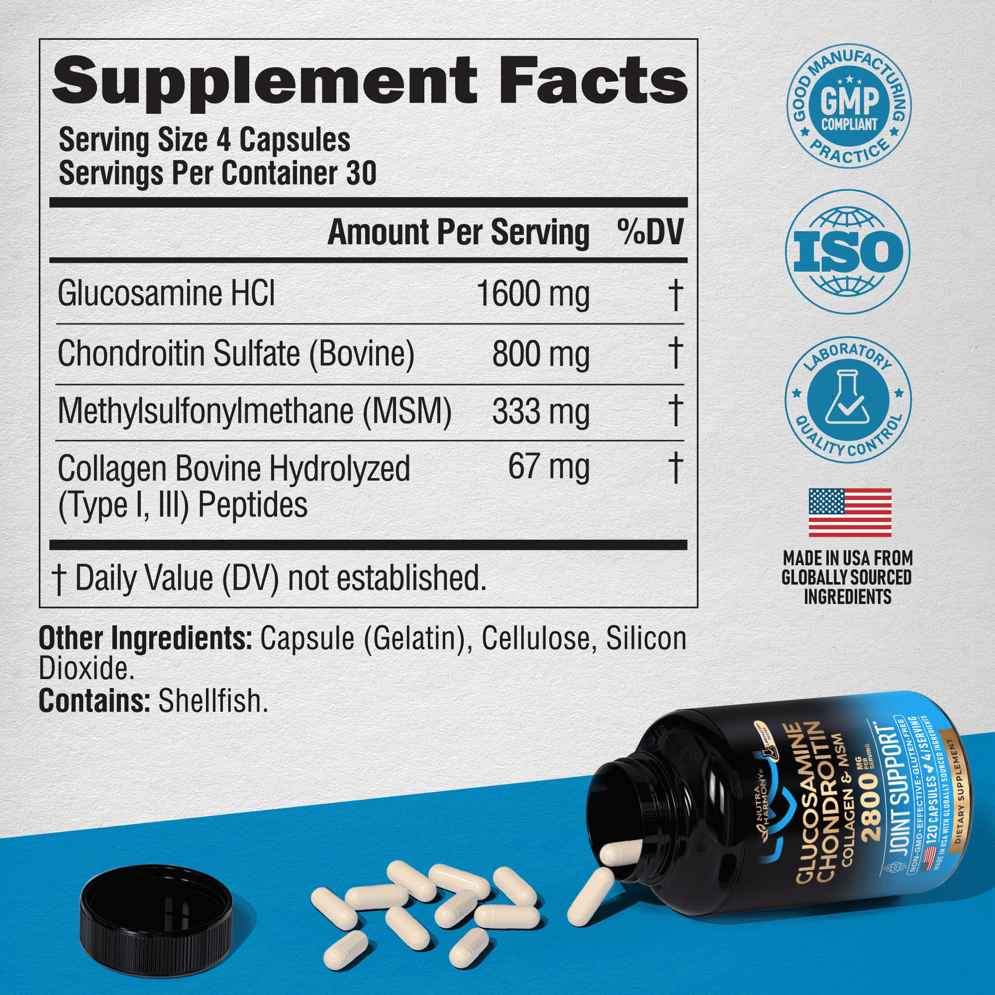 Glucosamine , Chondroitin , MSM , Collagen - 2800 mg Joint Support Supplement - Made in USA - FSA HSA Eligible - Cartilage Health, Mobility & Strength - Flexibility Nutritional Vitamins, 120 Capsules