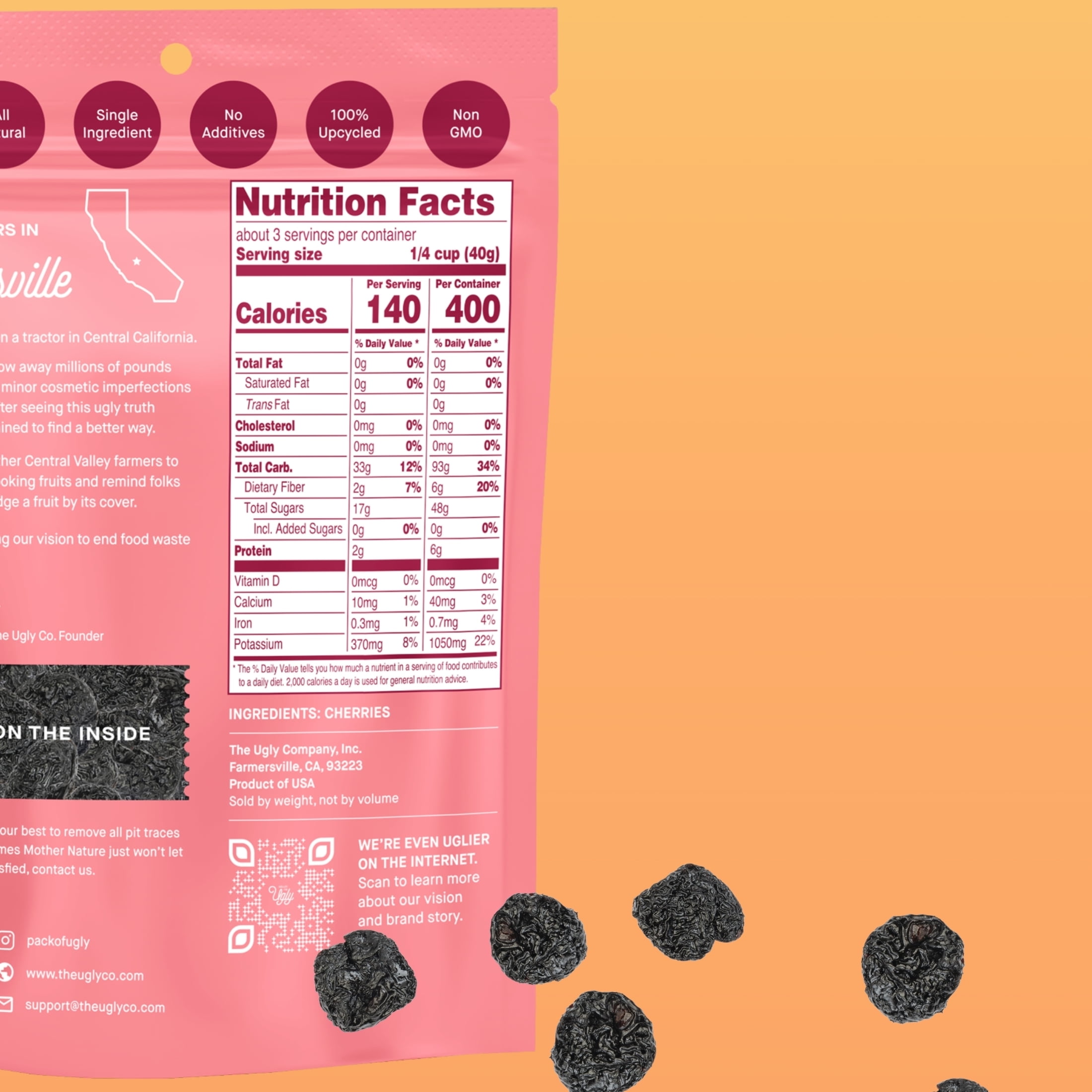 Hello! I'm Ugly Dried & Whole Cherries, No Sugar Added Snacks, Unsweetened Dried Fruit, 4 oz