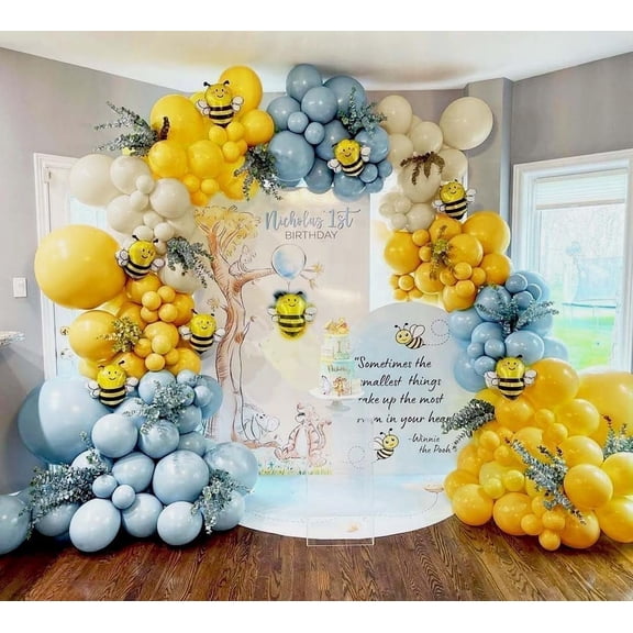 Blue Yellow Balloons Double Stuffed Dusty Blue Mustard Yellow White Sand Balloon Arch Kit for Bridal Baby Shower Wedding Birthday Lemonade Beer Party Decorations