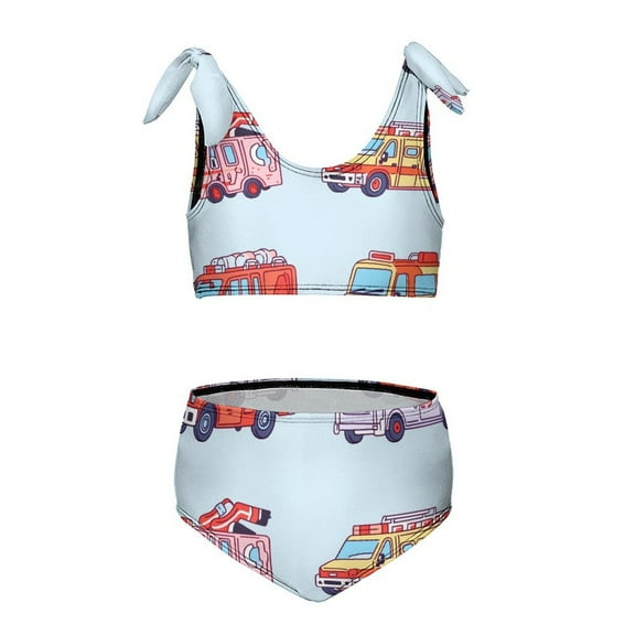 Excavator Fire Truck Racing Two Piece Swimsuit Set, Bikini Swimsuit Suitable for Little Girls