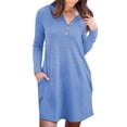 thumbnail image 1 of Vestido de mujer de manga larga con botones en la parte delantera, cuello en V, dobladillo suelto, vestido de otoño de color puro con dos bolsillos, 1 of 5