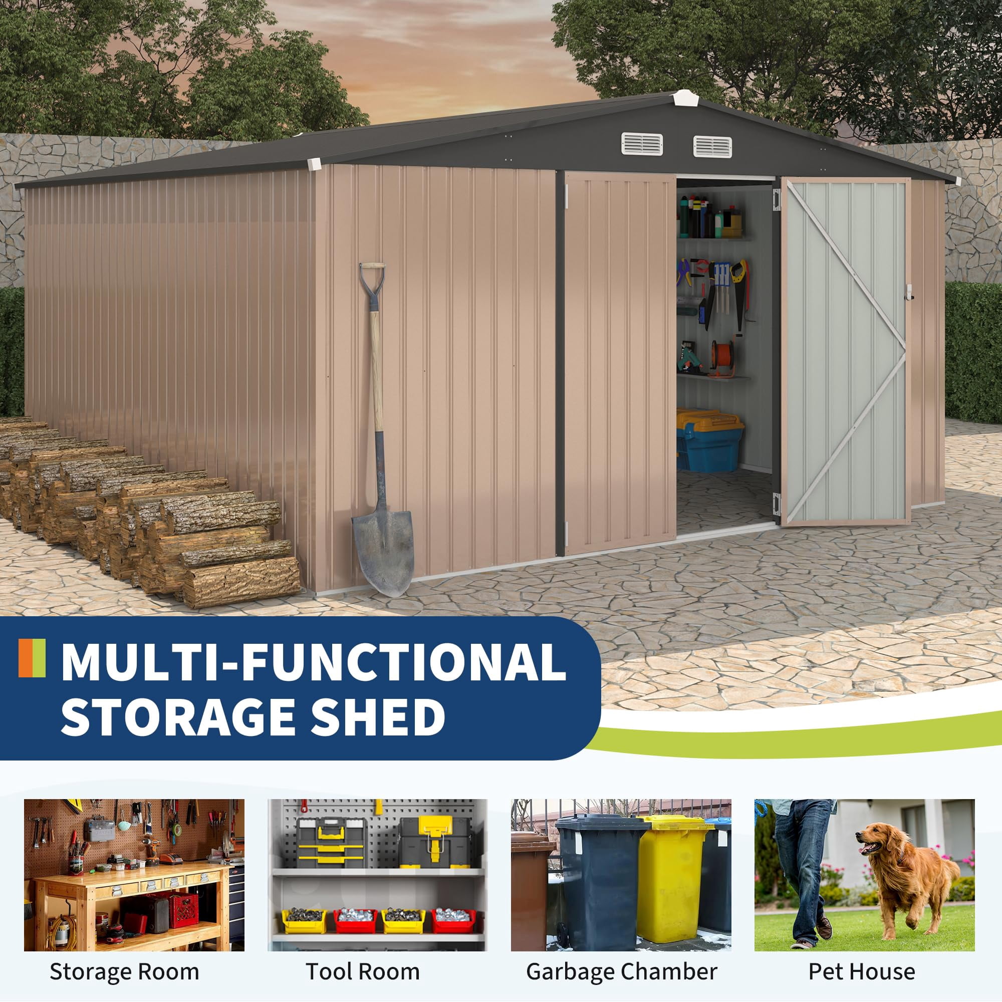 12x12 FT Metal Storage Sheds Outdoor,Metal Yard Sheds Garden Shed Kit,Metals Tool Shed With Lockable Door,Metals Utility Shed Buildings With Air Vent for Backyard Garden Patio Lawn（ship in 3 boxes）