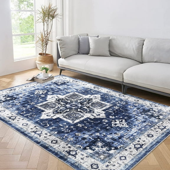 Senfot 4 x 6 Washable Medallion Area Rug Non-Slip Low Pile, Foldable Accent Rug for Dining Room, Home Office, Soft Carpet, Modern Floor Mat Blue