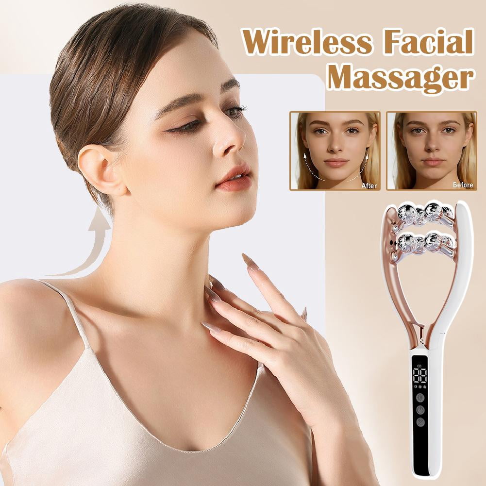 White Microcurrent Facial Roller Massager for Face Lifting & Tightening, RF V-Shape Sculpting Device
