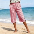 thumbnail image 4 of Cagogo Women Plus Size Capri Pants Elastic Waist Cropped Pants with Pockets Plaid Casual Regular Fit Cropped Shorts Vacation Beach Summer Lounge Trousers, Red 2XL, 4 of 9