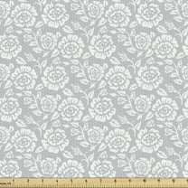 Ambesonne Grey Fabric by the Yard Upholstery, Vintage Style White Roses, 2 Yards, Grey White