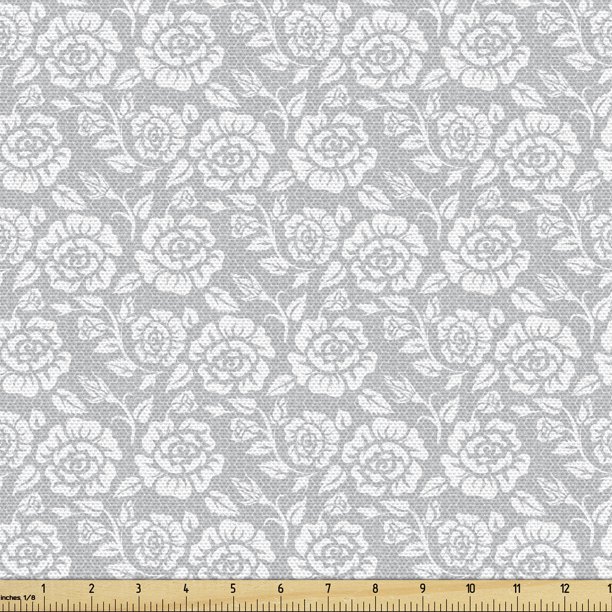 Grey Fabric by the Yard Upholstery Floral Flower Buds Leaves Pattern