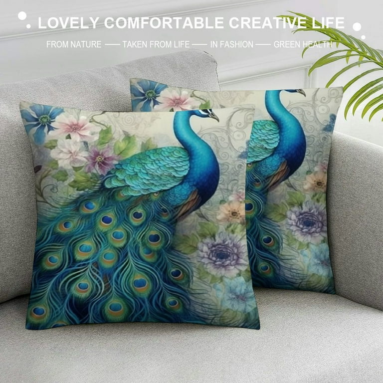 JEUXUS Teal Peacock Throw Pillow Covers Watercolor Blue Teal
