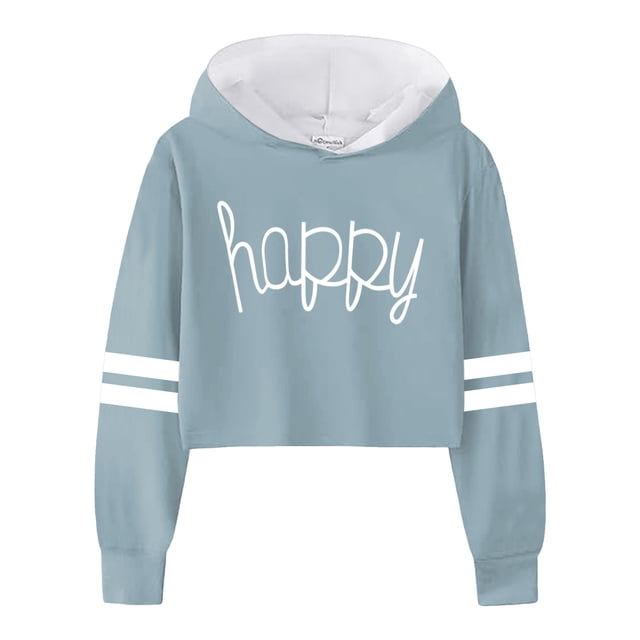 MIASHUI Chandails Décontractés pour Filles, Sweat à Capuche, Imprimé Lettres, Rayé, Court, Bleu Clair, 4-5 Ans