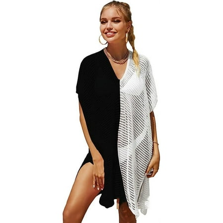 Kukuzhu Women Beach Cover Up Fringed Knit Crochet Hollow Out Tassel Bikini Blouse Contrast Bright Color Swimsuit Top