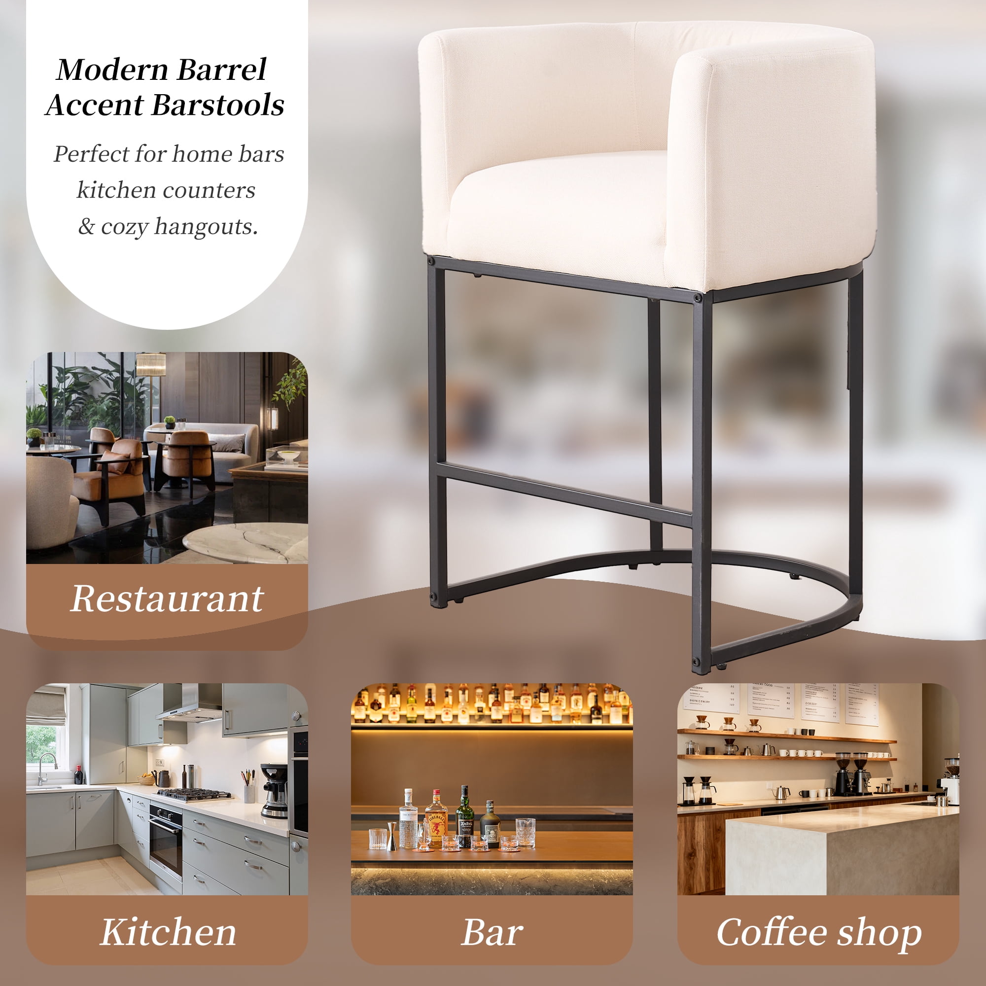 ClinQ Counter Height Bar Stool Set of 3, 26 in Fabric Upholstered Seat, Metal Legs for Indoor Dining Room and Kitchen Island, Beige