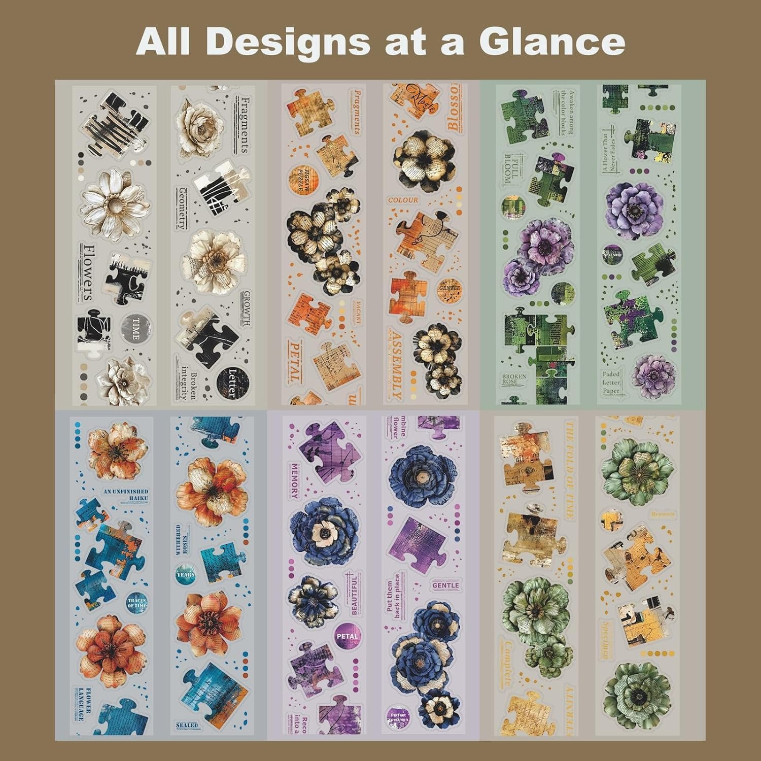 6-Roll Puzzle  Floral PET Tape Set - Pre-Cut Transparent  Collage Flower Stickers for Scrapbooks Journals Planners Cards & DIY Craft Decoration