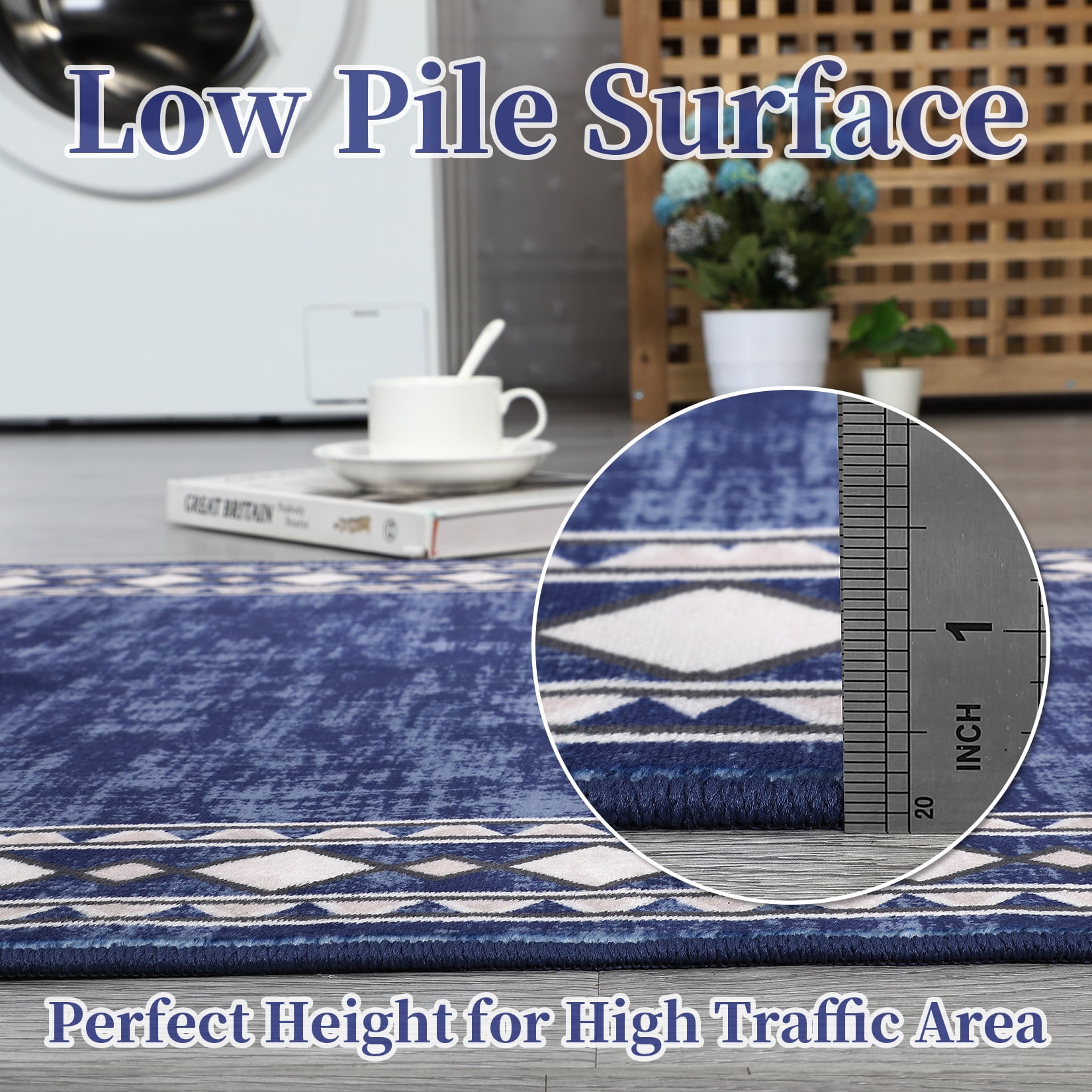 HOMERRY Runner 2' x 6' Rug Washable Modern Geometric Border Hallway Runner Indoor Carpet for Doorway, Navy