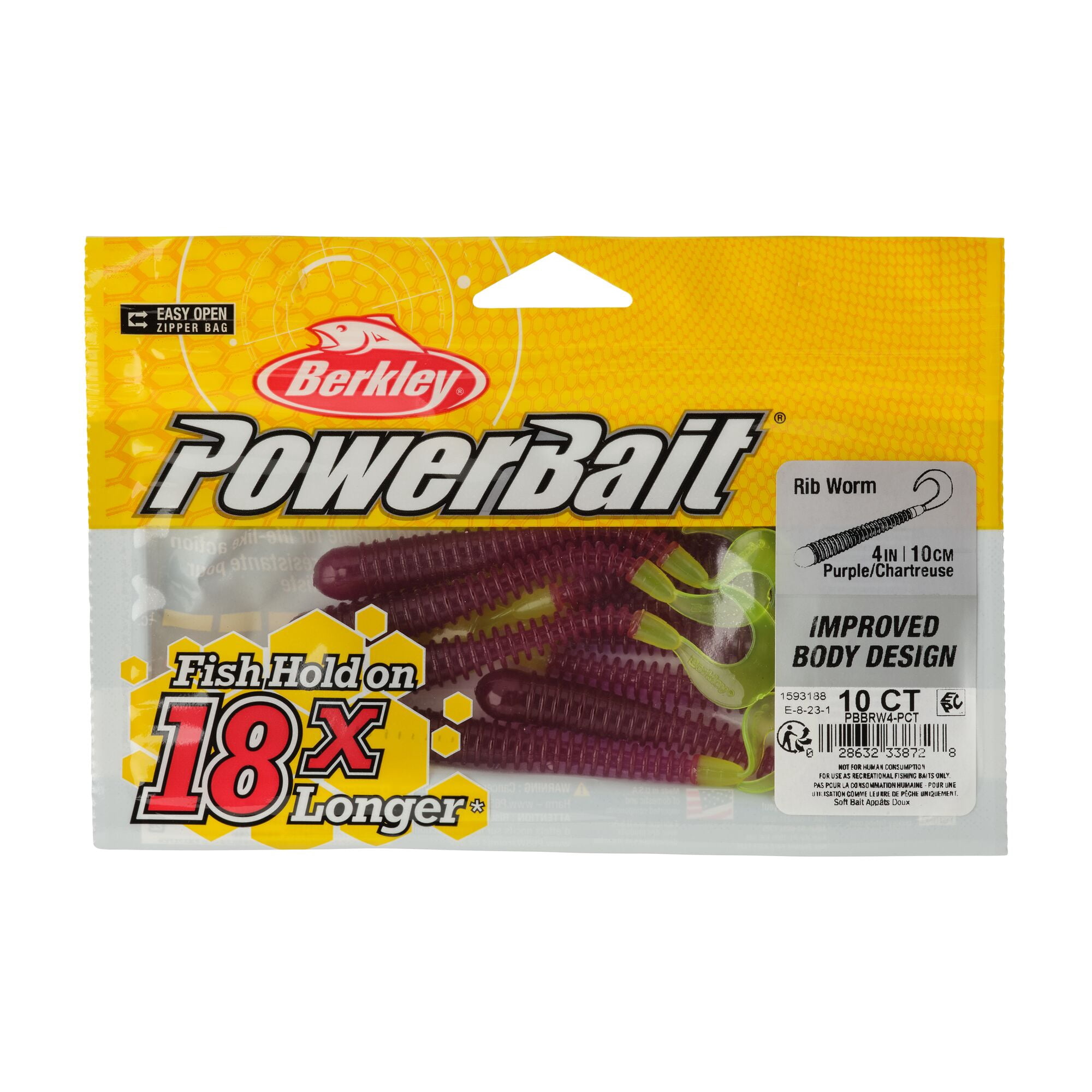 Berkley PowerBait® Rib Worm, 4 in, Worms, Purple/Chartreuse (10 Count)
