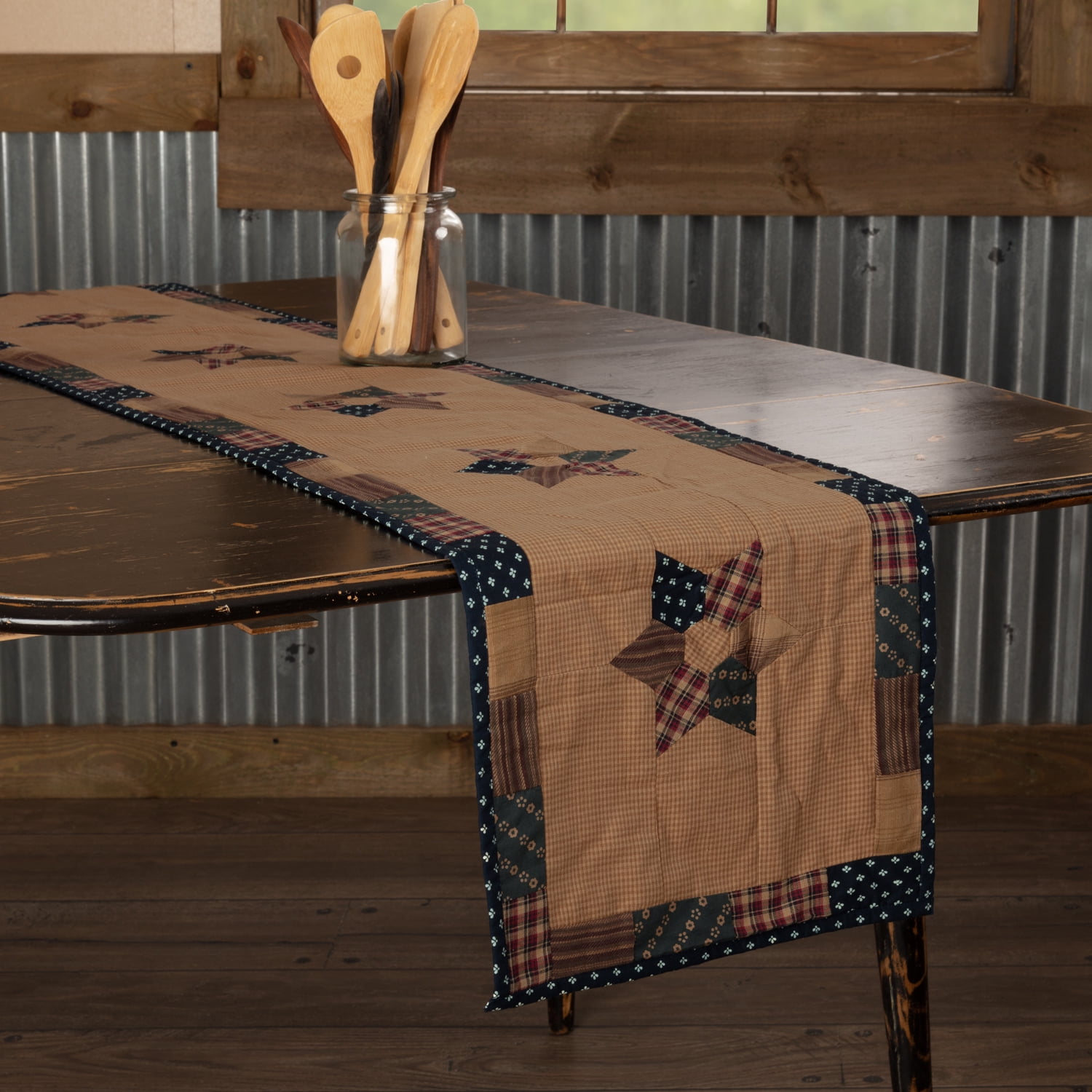 VHC Brands Patriotic Patch Star Rectangle Kitchen Table Decor, Runner, Red, 13x72
