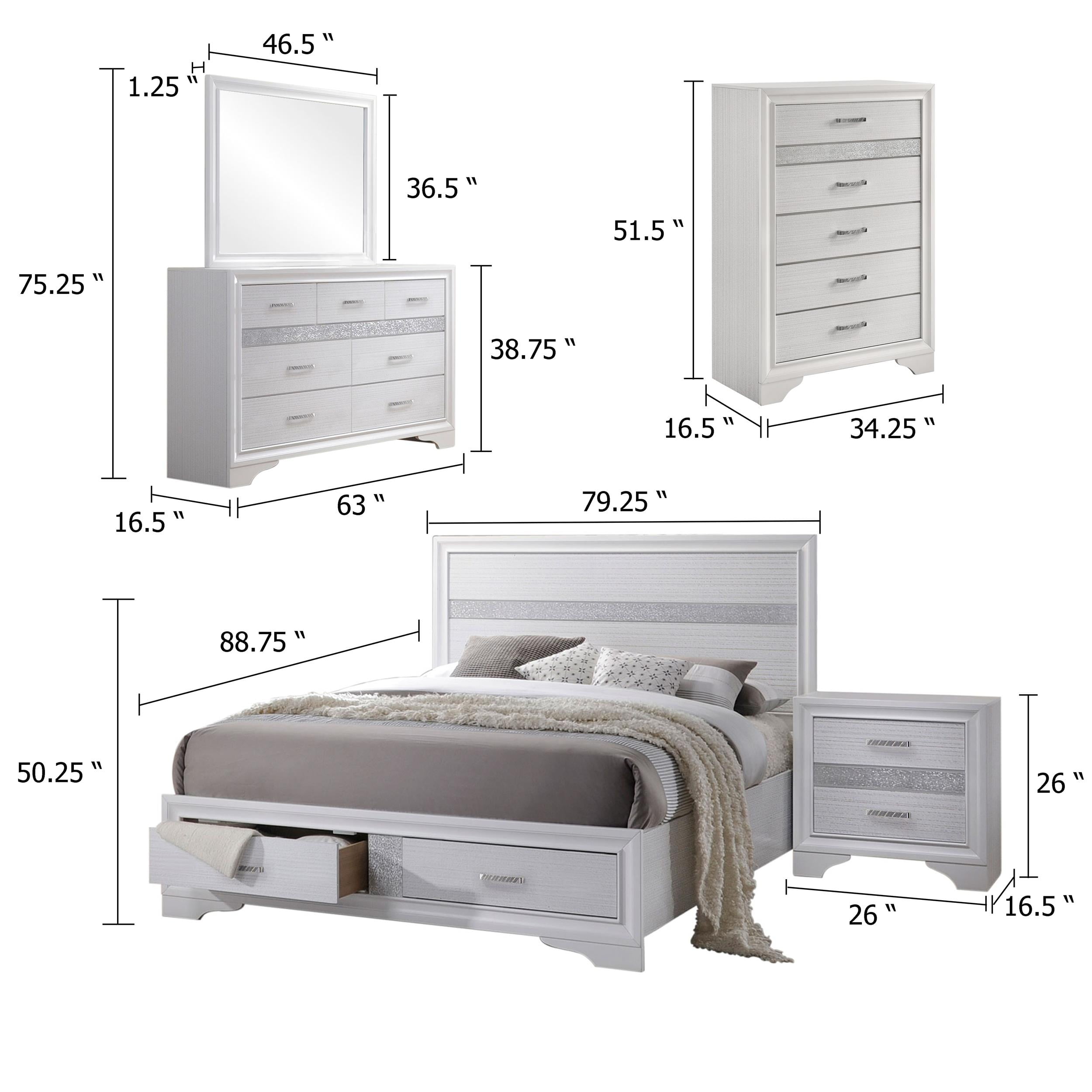 Vino White 5pc California King Bed Set with Dressers-Glitter Accent