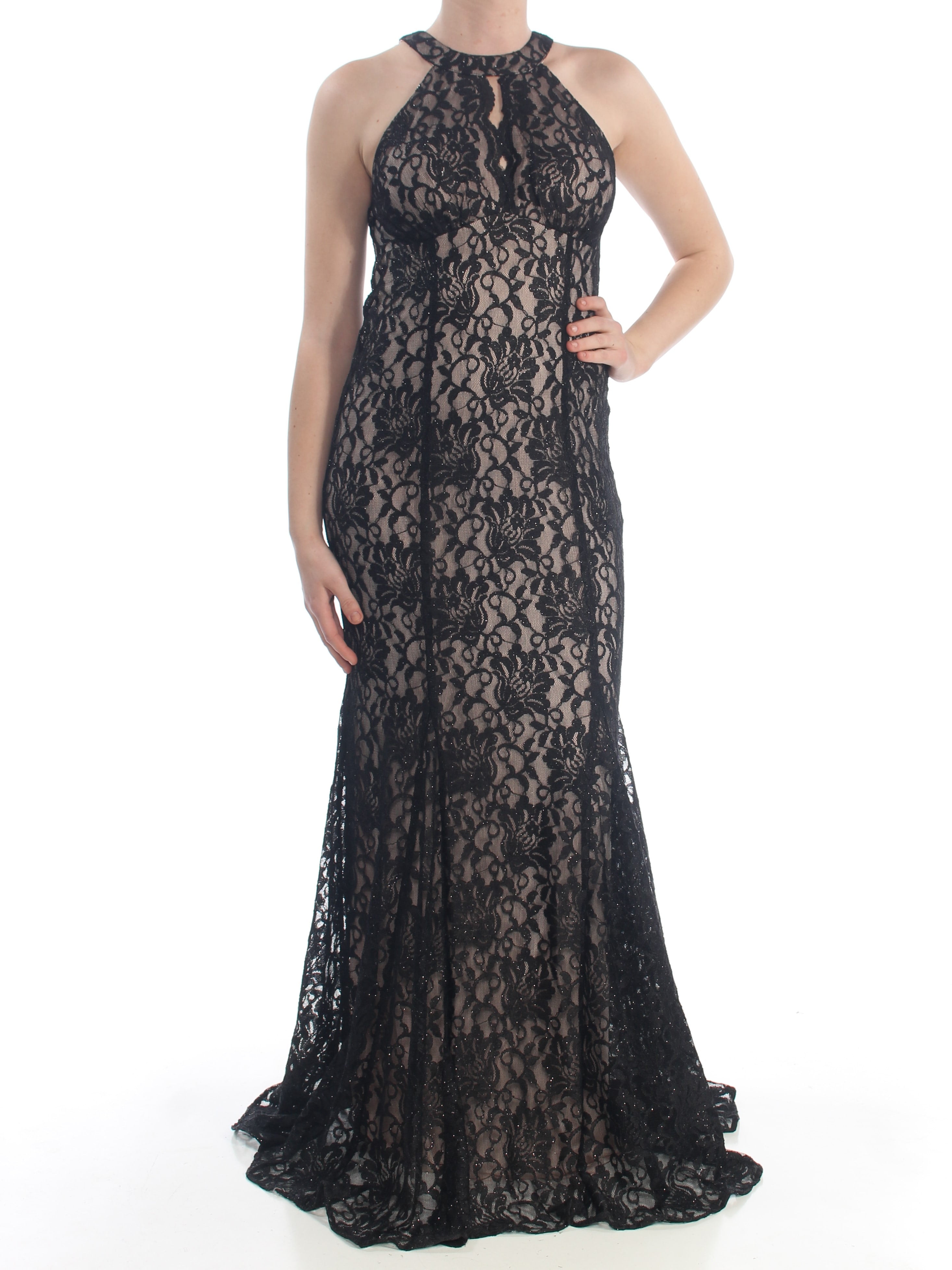 NIGHTWAY Womens Navy Lace Zippered Halter Gown Sleeveless Keyhole Full Length Evening Mermaid Dress 12