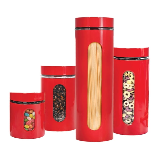 JS Gourmet - Ensemble de 4 Conteneurs de Rangement en Acier Inoxydable, Rouge